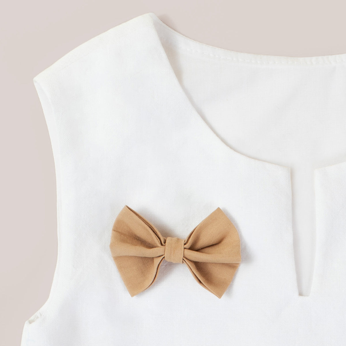 V-neck Girls Top in White with Beige Ribbon Finish image 1