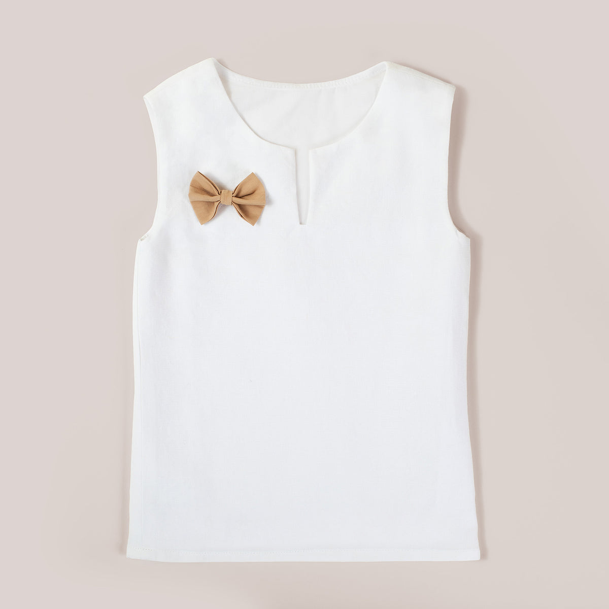 V-neck Girls Top in White with Beige Ribbon Finish image 0